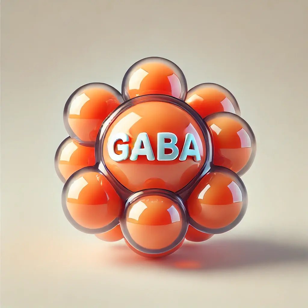 DALL·E 2025-01-21 13.38.37 - A simple and clean 3D-rendered illustration of GABA (Gamma-Aminobutyric Acid) represented as a glossy, orange spherical molecule with smaller connecte