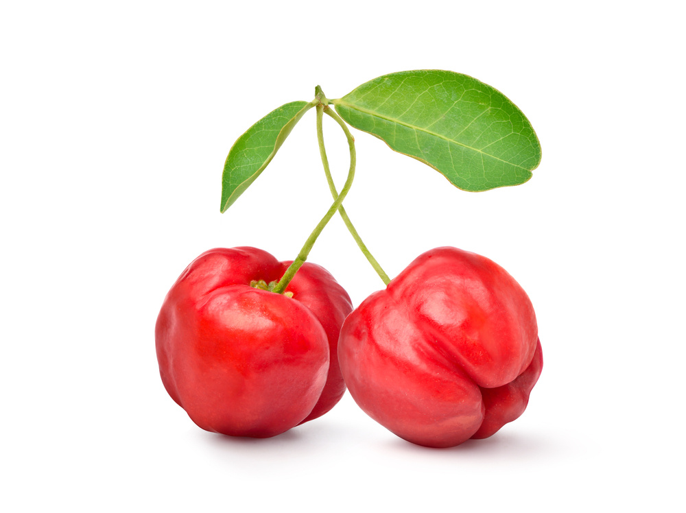 Two Acerola Cherries with green leaves